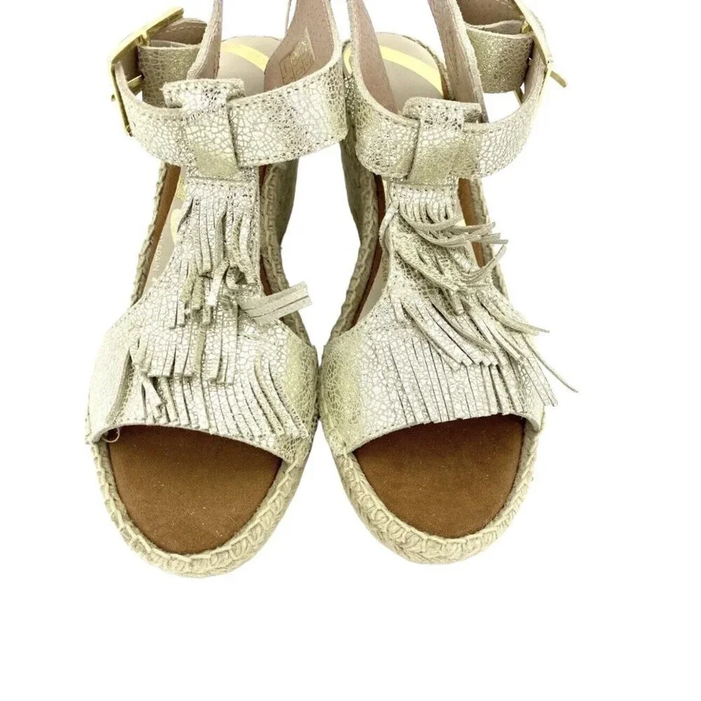 Cuple Gold Leather Espadrille Sandals Metallic Wedge Fringe SZ 37 EU 6.5 US NIB